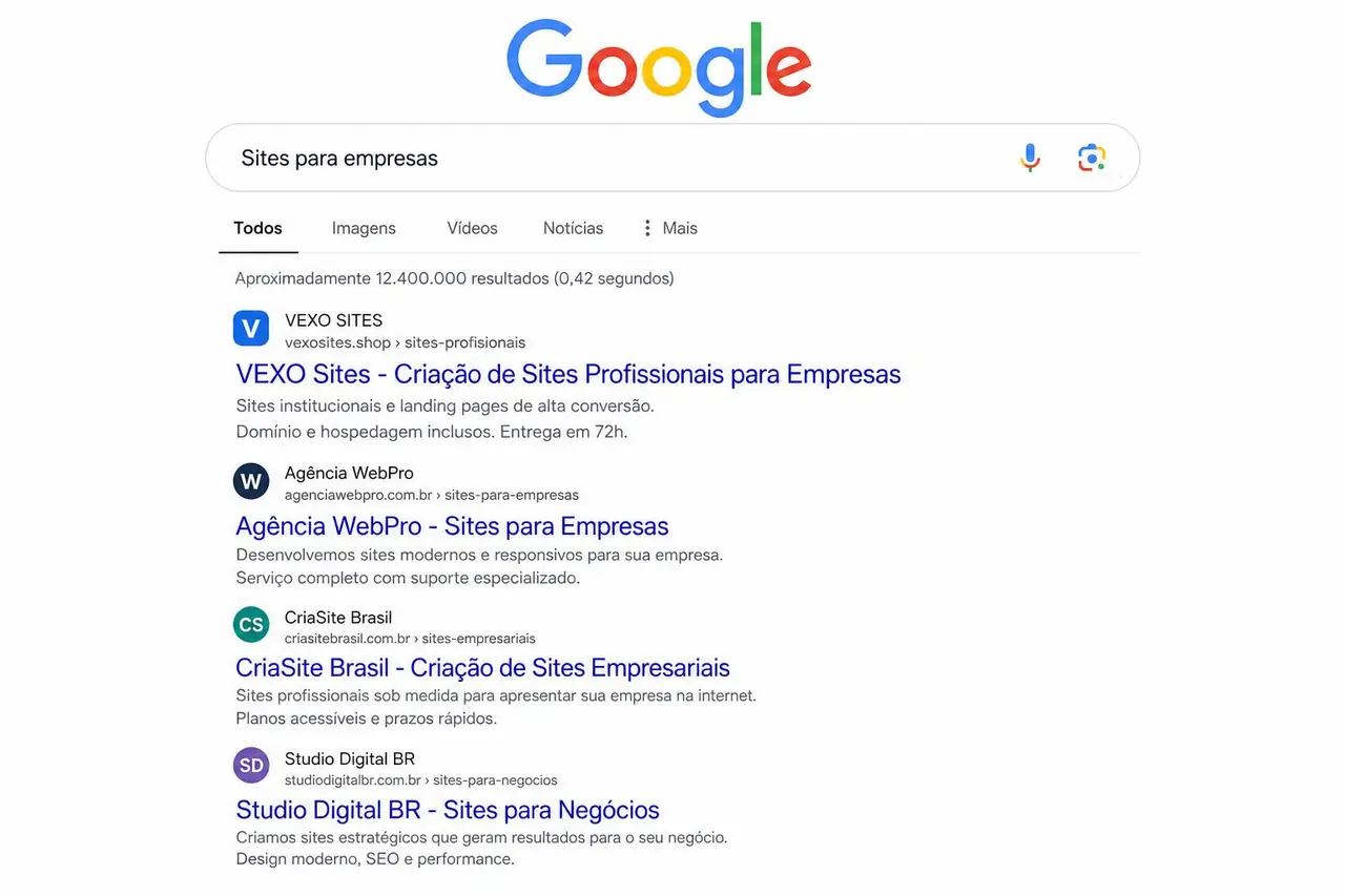 Pesquisa no Google: Sites para empresas - VEXO Sites em primeiro lugar