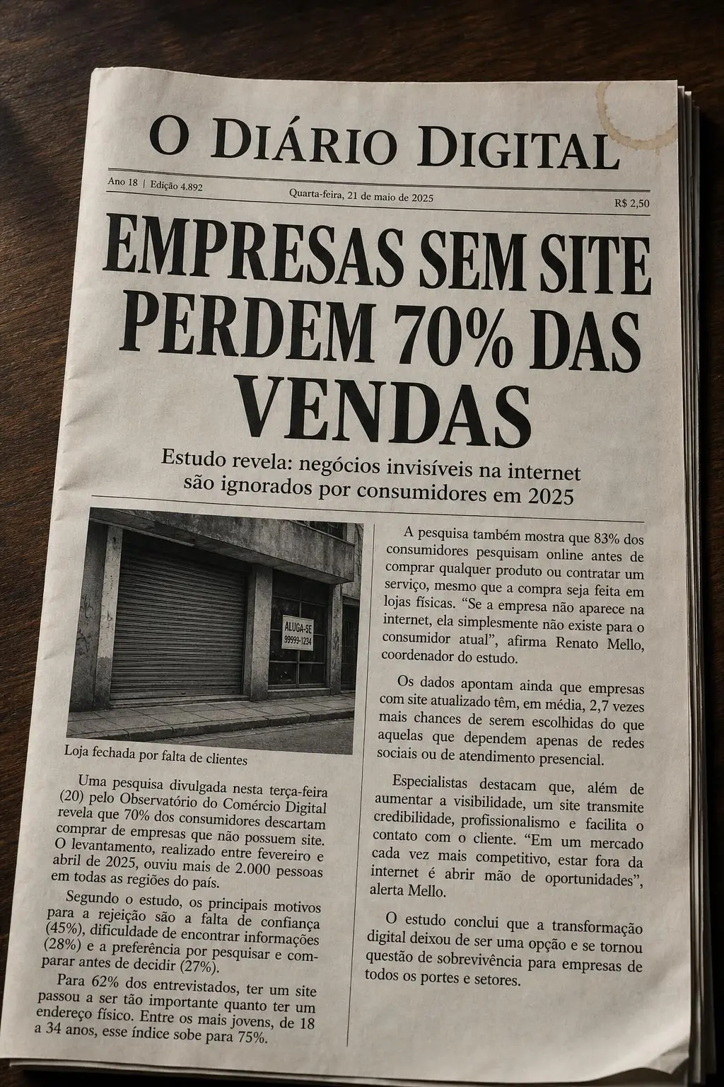 Manchete de jornal: Empresas sem site perdem 70% das vendas